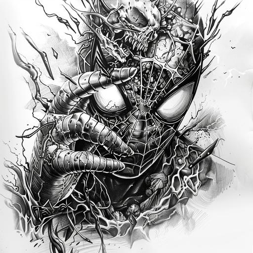 evil demon spider man face being held by clawed hands, with organic matter filigree, lightning and clouds flowing in the background, hooch contrast light source, tattoo reference, black and grey, high resolution, white background abstracto