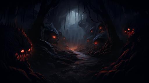evil eyes coming from a cave, cartoon like, dark, creepy --ar 16:9