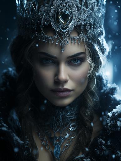 evil looking queen, ice crown, snow, frozen, dark, shadows, professional photography, facing the camera, 3D stereoscopic, portrait, 8K, HDR --s 500 --ar 9:12