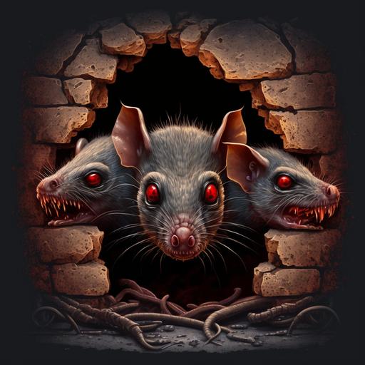 evil looking rats with red eyes and big skull scrambling very hight wall, view from behind --v 4