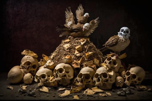 evil men profit from death and the destruction of the environment, pile of rotten chicken nuggets with a pile of dead festering chickens and bird skulls --ar 3:2 --q 2