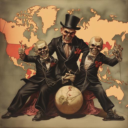 evil puppetmaster with two puppets dancing on a map of the global south