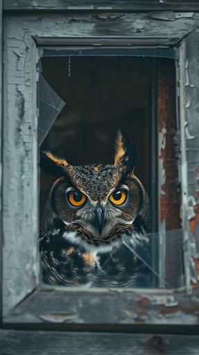 evil, scary monster horned owl looking and peeking out with glowing yellow eyes in a corner of the window, a room with ambietation like last of us, dangerous environment, broken and weathered, worned out --ar 9:16 --v 6.0