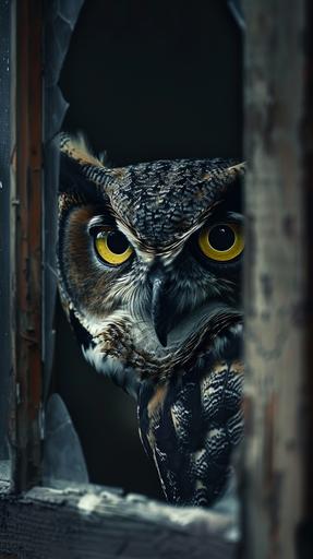 evil, scary monster horned owl looking and peeking out with yellow eyes in a corner of the window, a room with ambietation like last of us, dangerous environment, broken and weathered, worned out --ar 9:16 --v 6.0