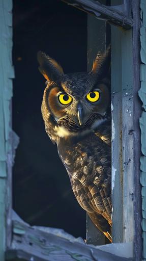 evil, scary monster horned owl looking and peeking out with glowing yellow eyes in a corner of the window, a room with ambietation like last of us, dangerous environment, broken and weathered, worned out --ar 9:16 --v 6.0