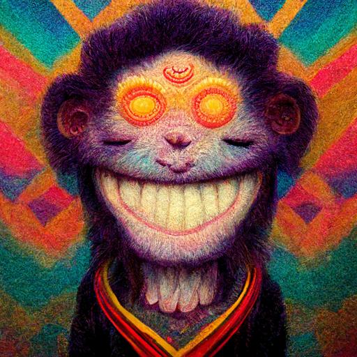 evil smiling monkey with large teeth on psychedelic lsd acid trip  --v 3 --q 2