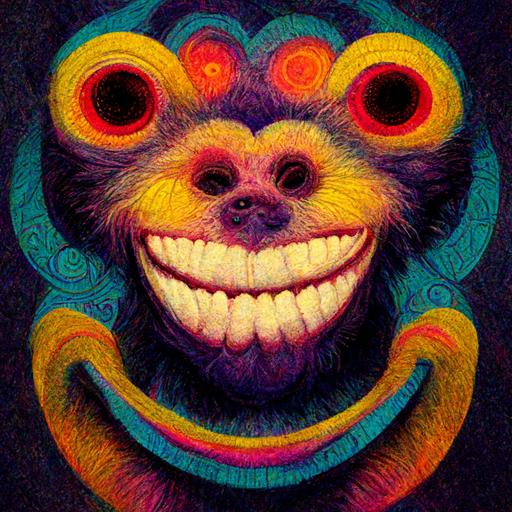 evil smiling monkey with large teeth on psychedelic lsd acid trip  --v 3 --q 2