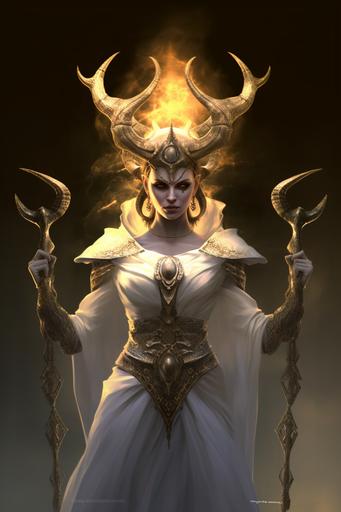 evil sorceress, Targaryen, glowing eyes, full body, devil horns, tall horns, demon horns, golden staff, white clothing, white breechcloth, white top, midriff, Cleopatra, golden jewelry, golden collar, bangles, bracelets, mist, fog, ominous lighting, demonic, evil, low light, shadows, subterranean, darkness, Magic the Gathering, Dungeons & Dragons, Diablo, --ar 2:3