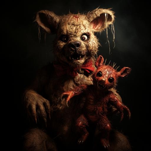 evil teddy bear holding scared chewed up bunny