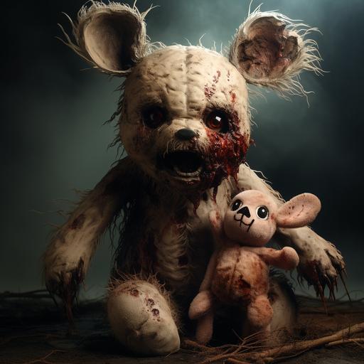 evil teddy bear holding scared chewed up bunny