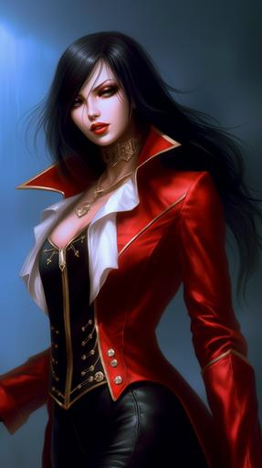 evil vampire empress like gorgeous Japanese female, wearing red long coat, black glossy latex pants, white shirt, golden collar, long black smooth hair, hot babe, flirty bodylanguage, fit thick build, gorgeous face in the style of photorealistic eye, nightcore, luminous shadows, comic art, 32k uhd, splash art, Napoleonic era inspired, mansion background --ar 9:16  --s 700 --c 70 --v 5.1