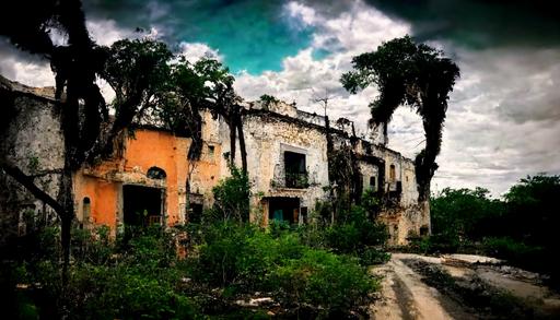 an abandoned pueblo de fantasma deep in the yucatan jungle. overgrown streets. vines cover abandoned cars. broken windows. graffiti. old solar panels. a broken dream. atmospheric. cinematic. --ar 16:9