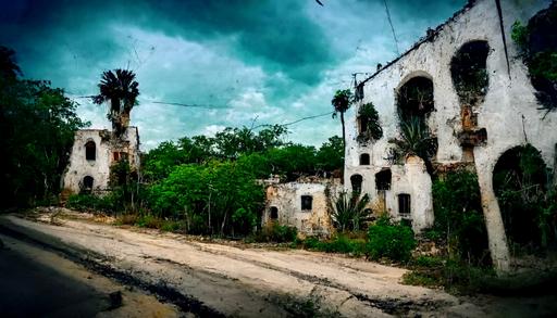 an abandoned pueblo de fantasma deep in the yucatan jungle. overgrown streets. vines cover abandoned cars. broken windows. graffiti. old solar panels. a broken dream. atmospheric. cinematic. --ar 16:9