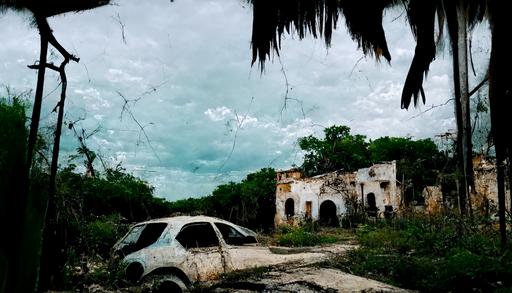 an abandoned pueblo de fantasma deep in the yucatan jungle. overgrown streets. vines cover abandoned cars. broken windows. graffiti. old solar panels. a broken dream. atmospheric. cinematic. --ar 16:9