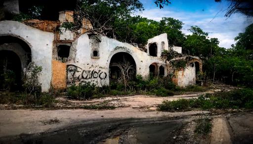 an abandoned pueblo de fantasma deep in the yucatan jungle. overgrown streets. vines cover abandoned cars. broken windows. graffiti. old solar panels. a broken dream. atmospheric. cinematic. --ar 16:9