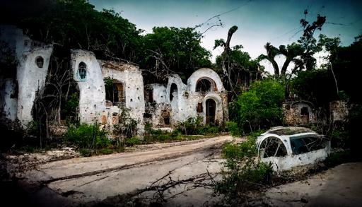 an abandoned pueblo de fantasma deep in the yucatan jungle. overgrown streets. vines cover abandoned cars. broken windows. graffiti. old solar panels. a broken dream. atmospheric. cinematic. --ar 16:9