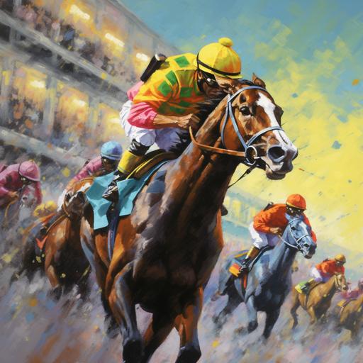 Draw a vibrant and action-filled painting capturing the intensity of horses thundering down the track at the Kentucky Derby, with jockeys in colorful silks and the crowd cheering in the background.