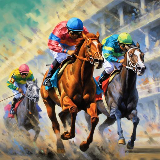 high definition hyper realistic vibrant and action - filled race horses thundering down the track at the Kentucky Derby, with jockeys in colorful silks