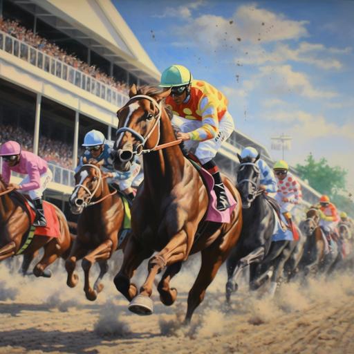 high definition hyper realistic vibrant and action - filled painting capturing the intensity of horses thundering down the track at the Kentucky Derby, with jockeys in colorful silks and the crowd cheering in the background.