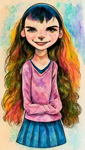 exaggerated portrait of an ugly teenage girl cartoon bully designed by dr. Seuss, Maurice Sendak, and Edward Gorey, artstation, Lisa Frank, children’s illustration, watercolors and ink drawing, graphic novel --ar 9:16