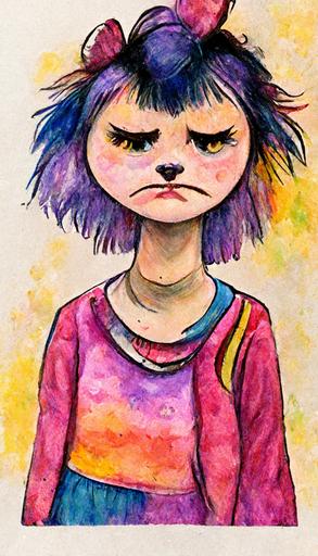 exaggerated portrait of an ugly teenage girl cartoon bully designed by dr. Seuss, Maurice Sendak, and Edward Gorey, artstation, Lisa Frank, children’s illustration, watercolors and ink drawing, graphic novel --ar 9:16