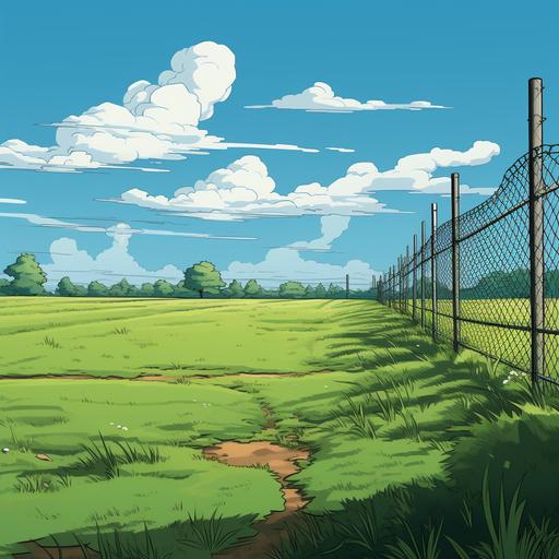 examples of a grassy field in Oregon with a tall chain link fence, cartoon style, disney style
