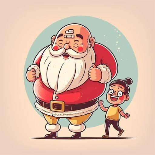 excited asian man holding a bao standing next to santa claus, cartoon style, angled portrait --v 4