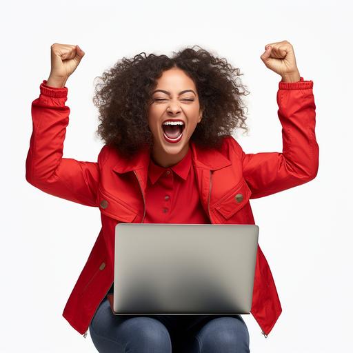 excited black woman 35-40 years old, won mac book laptop, red clothes, white background, photo realistic, hyper realistic, 4k