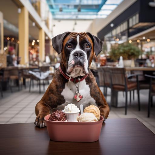 excited boxer dog eating ice cream seated a table in shopping mall