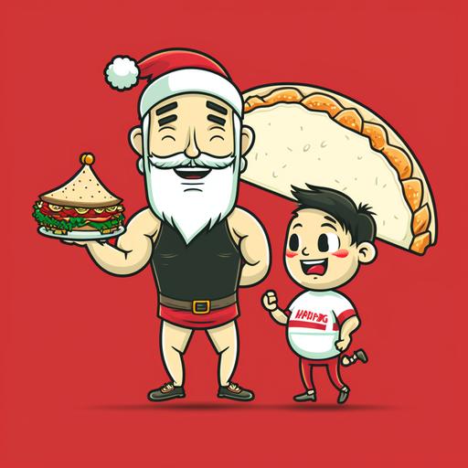 excited young asian man holding a bao taco standing next to santa claus, cartoon style --v 4