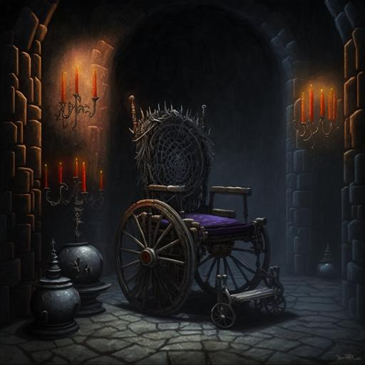 expensive antique wheelchair, eldritch, horrorcore, dread, gloom, ominous, gothic, candles, stone walls, dungeon, chains --q 2 --v 4