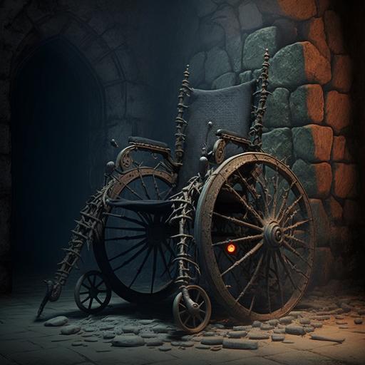 expensive antique wheelchair, eldritch, horrorcore, dread, gloom, ominous, gothic, candles, stone walls, dungeon, chains --q 2 --v 4