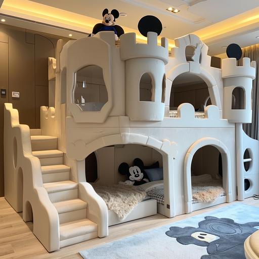 expensive bunk beds in the shape of a giant mickey mouse stuffed animal castle with stairs --v 6.0 --style raw