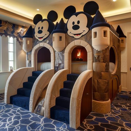 expensive bunk beds in the shape of a giant mickey mouse stuffed animal castle with stairs --v 6.0 --style raw