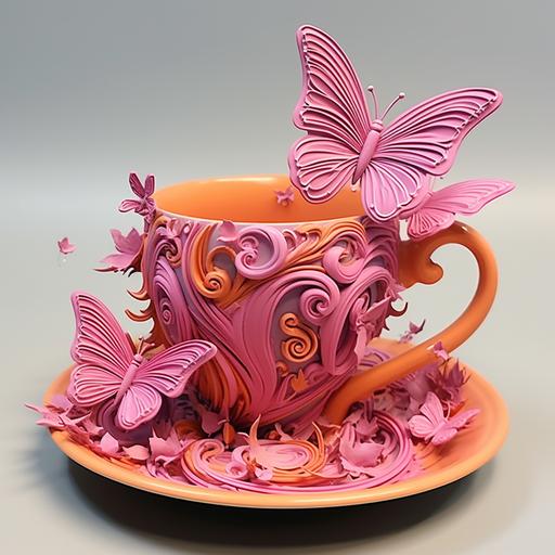 Pink coffee cup, 3D, smiler, pink and orange butterflies-- ar 9:16