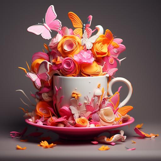 Pink coffee cup, 3D, smiler, pink and orange butterflies-- ar 9:16
