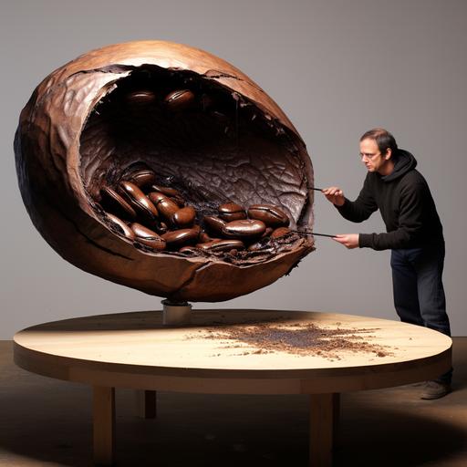 create a half-open real giant coffee bean on a wood podium