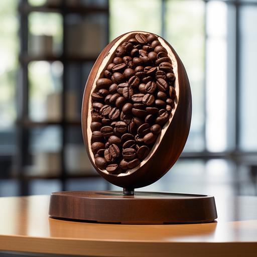 create a half-open real giant coffee bean on a wood podium
