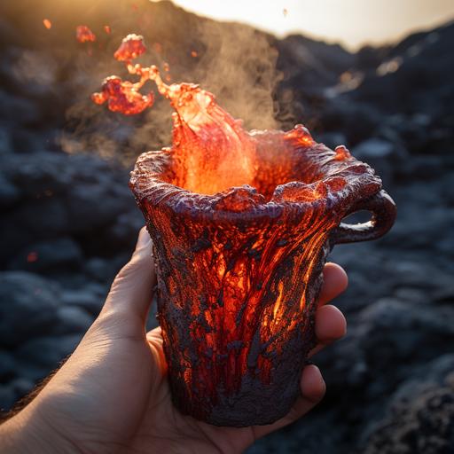 inside a fast-food coffee cup held by a human hand, lava-hot coffee erupts from a caldera