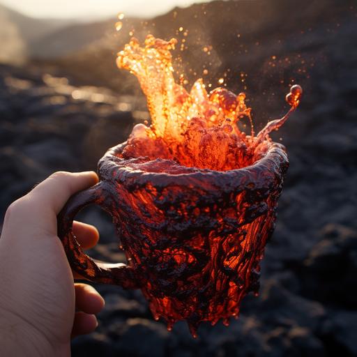 inside a fast-food coffee cup held by a human hand, lava-hot coffee erupts from a caldera