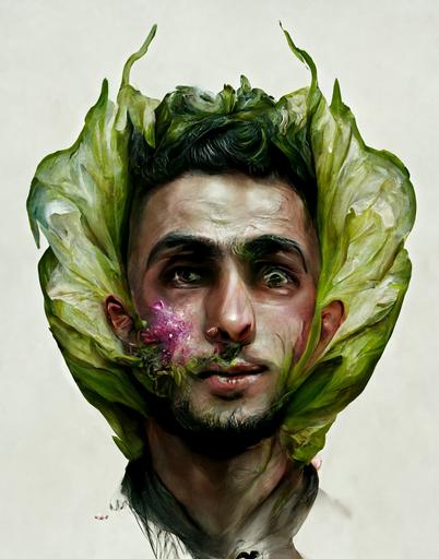 exploding flowerpunk with a cabbage leaf, young Lebanese man, elation facial expression, natural, detailed character portrait, photorealistic digital painting in the style of Charlie Bowater, flemish, sold --ar 4:5
