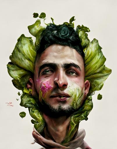 exploding flowerpunk with a cabbage leaf, young Lebanese man, elation facial expression, natural, detailed character portrait, photorealistic digital painting in the style of Charlie Bowater, flemish, sold --ar 4:5