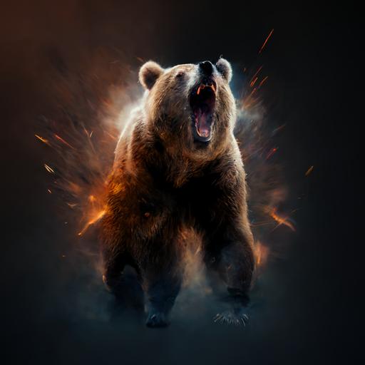 explosive background, an angry grizzly bear, standing up, roaring, realistic, 4k, ar 21:9