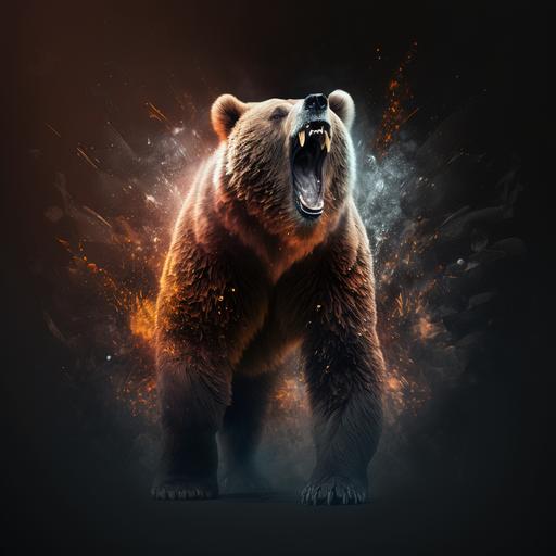 explosive background, an angry grizzly bear, standing up, roaring, realistic, 4k, ar 21:9
