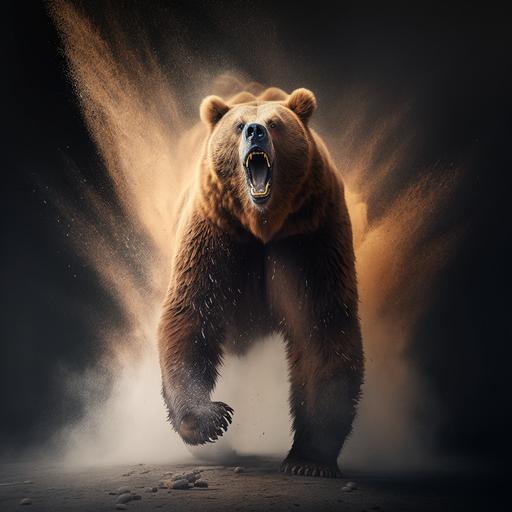 explosive background, an angry grizzly bear, standing up, roaring, realistic, 4k, ar 21:9