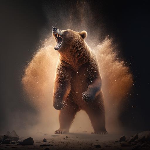 explosive background, an angry grizzly bear, standing up, roaring, realistic, 4k, ar 21:9