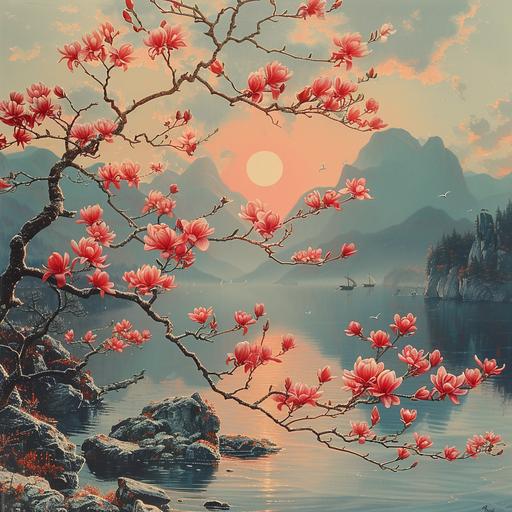 expressionist japanese painting of a magnolia branch blooming red and pink flowers in a Norwegian Fiordland, swirled of mist creating wavy Fibonacci cloud patterns, steep rocks, sunrise on the horizon line. fishing boats in the background with seagulls flying above, bright colors, sunrise tones, and Rembrandt lighting. surrealist x-ray nature poster--ar 131:97 --stylize 1000 --v 6.0