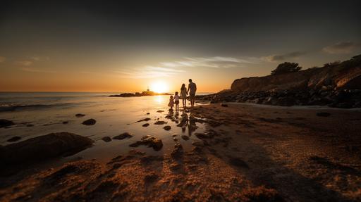 exterior of sea side in Spain, luxury and natural enviroment, sunrise, real father, mother, son and daughter having fun, enjoying life --ar 1920:1080