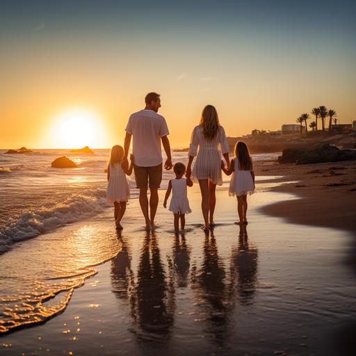 exterior of sea side in Spain, luxury and natural enviroment, sunrise, real father, mother, son and daughter having fun, enjoying life
