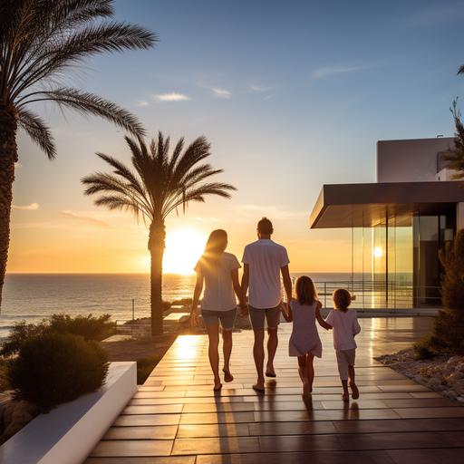 exterior of sea side in Spain, luxury and natural enviroment, sunrise, real father, mother, son and daughter having fun, enjoying life